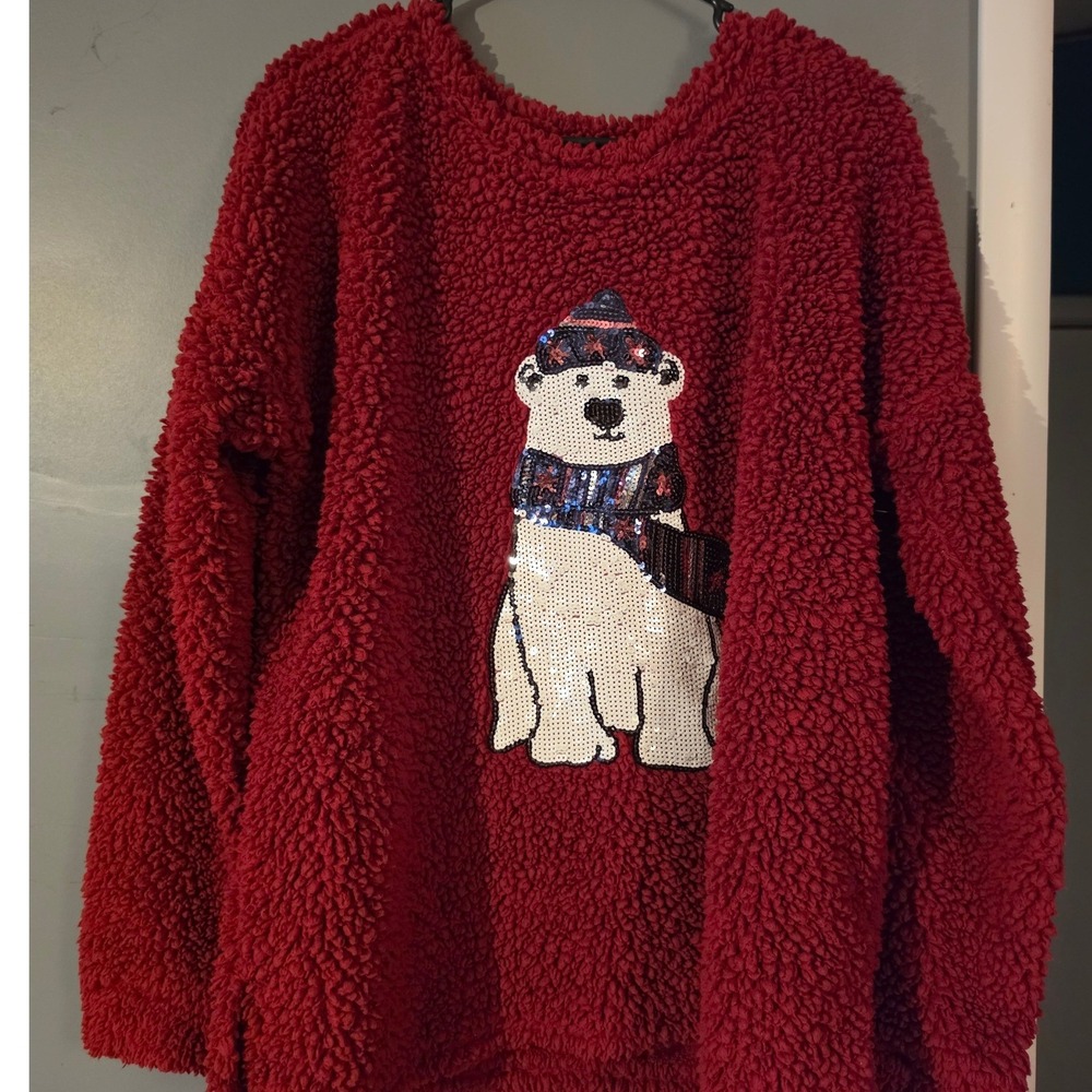 Time and Tru Red Sherpa Fleece Sequin Polar Bear Holiday Sweater XL 16-18